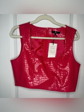 7 For All Mankind pink Croc-Embossed Faux Leather Crop Top